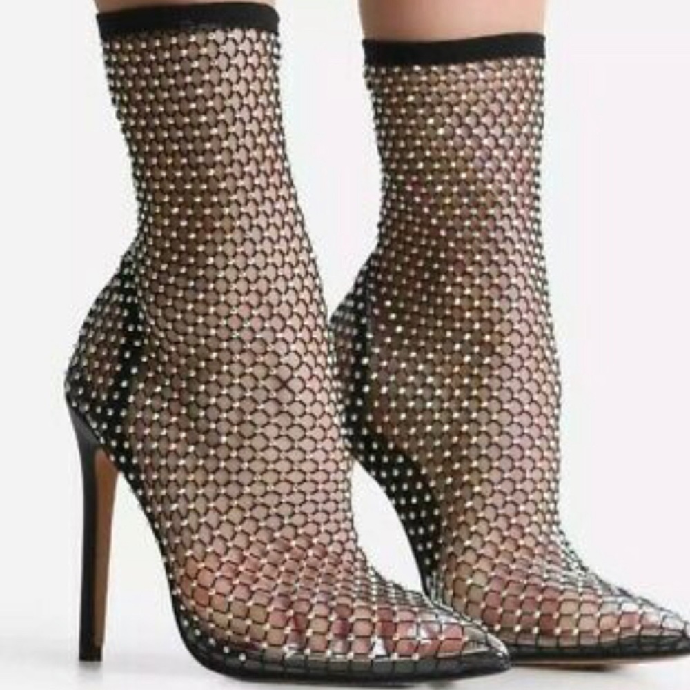 Ankle Sock Boot In Black Fishnet